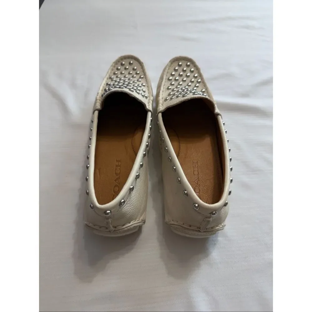 Coach Arlene Studded Pebble Leather Chalk Loafers Size 6.5 6 1/2 B New